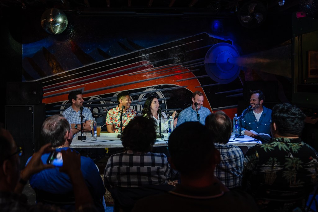 panelists and VOSD Podcast hosts at live recording in Whistlestop Bar