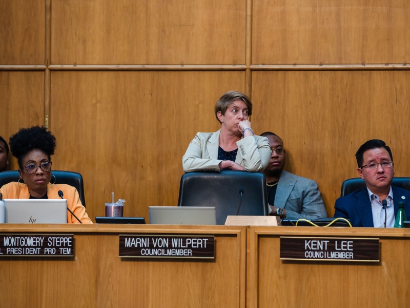 Council President Pro Tem Monica Montgomery Steppe, Councilmembers Marni Von Wilpert and Kent Lee in City Council Chambers in downtown on June 13, 2023.