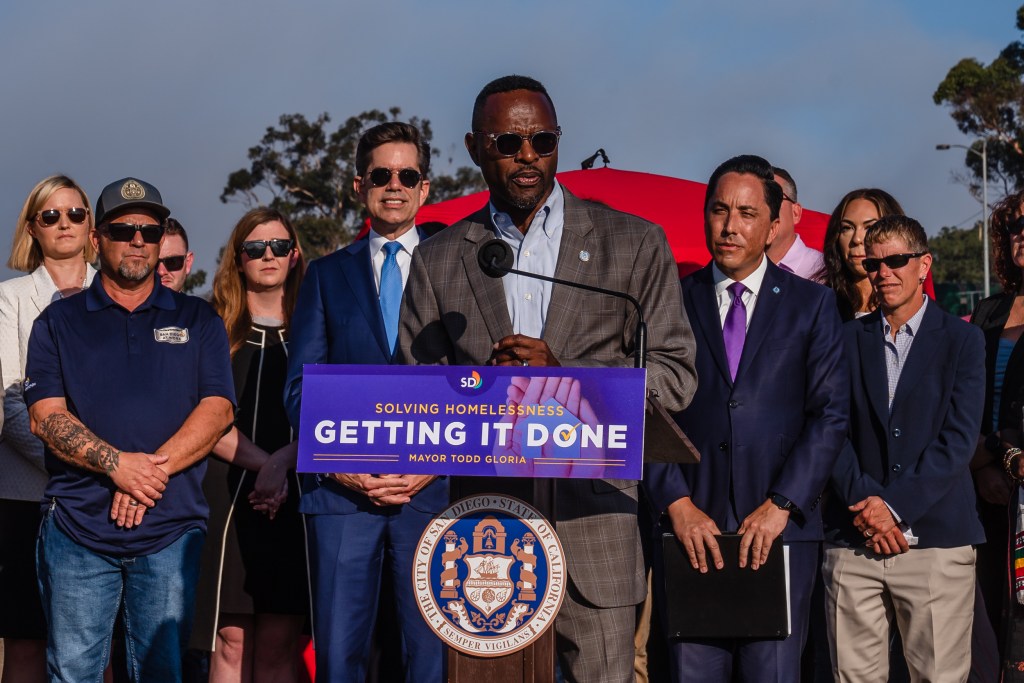 Chief Operating Officer Eric Dargan during a press conference at the O Lot Safe Sleeping site on the edge of Balboa Park and near the Naval Medical Center on Oct. 20, 2023.